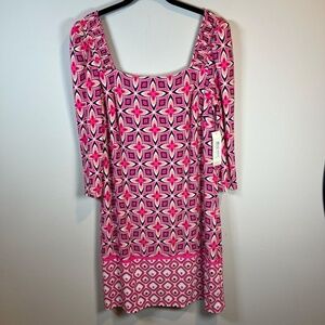 Eliza J Shift Dress Pink Retro Geometric Print Lined Zip 1/2 Sleeves NEW Size 14